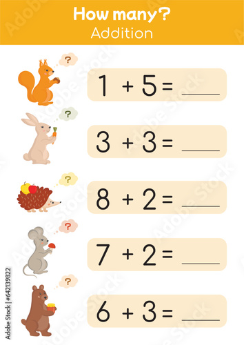 Playful worksheets for kids, mathematical games. Colorful educational math printable to practice addition, subtraction. Suitable for preschools, kindergartens, homeschooling. How many, counting game.