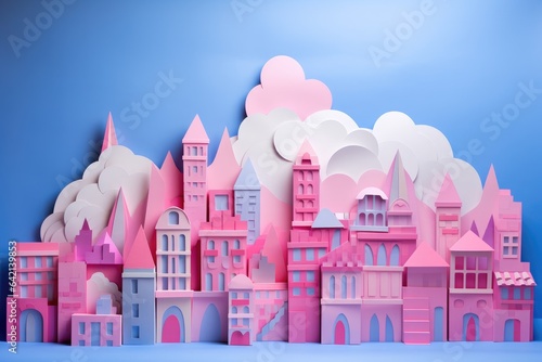 small city building made of paper with pink, blue, and white on a blue background © Robotoyo