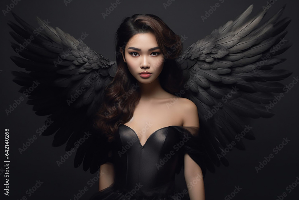 Fashion studio shot of beautiful slim young woman model wearing black lace lingerie - bra, panties, stockings and angel wings on black background. Sexy model angel with wings. Generative AI. Fashion studio shot of beautiful slim young woman model wearing black lace lingerie - bra, panties, stockings and angel wings on black background. Sexy model angel with wings. Generative AI.