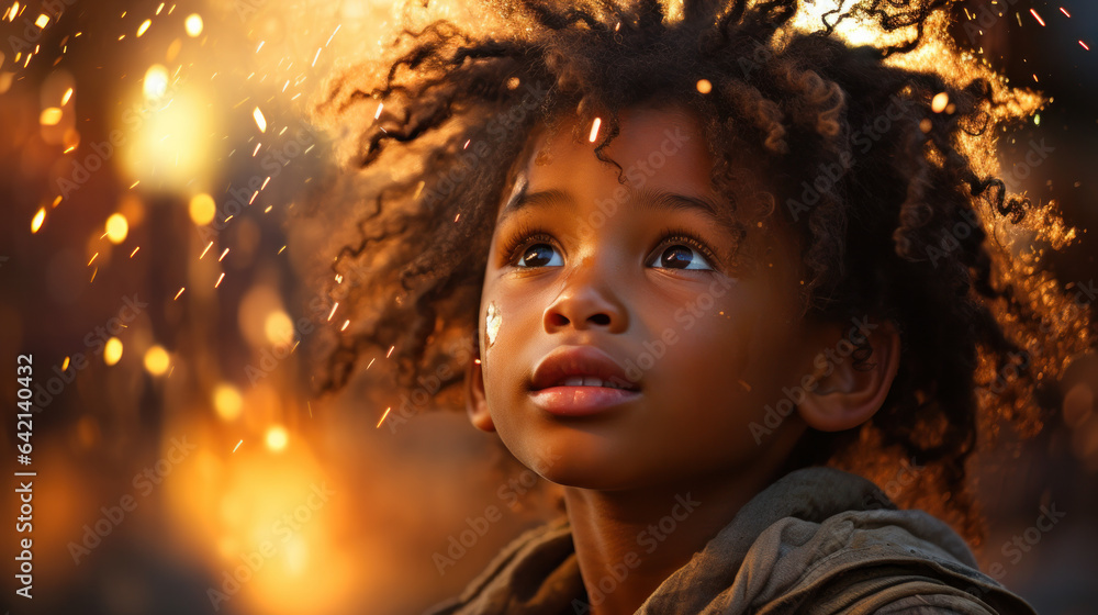 portrait of a handsome seven year old african american boy. Young boy looking up on fairy-tale background portrait of a handsome seven year old african american boy. Young boy looking up on fairy-tale background