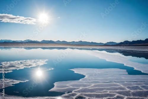Breathtaking and surreal salt flats, with a mirror-like surface reflecting the sky above - AI Generative
