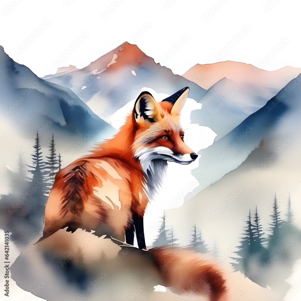 Fototapeta premium Double exposure of a fox and a mountain, natural scenery. Watercolor. Watercolor postcard of mountains and the fox.