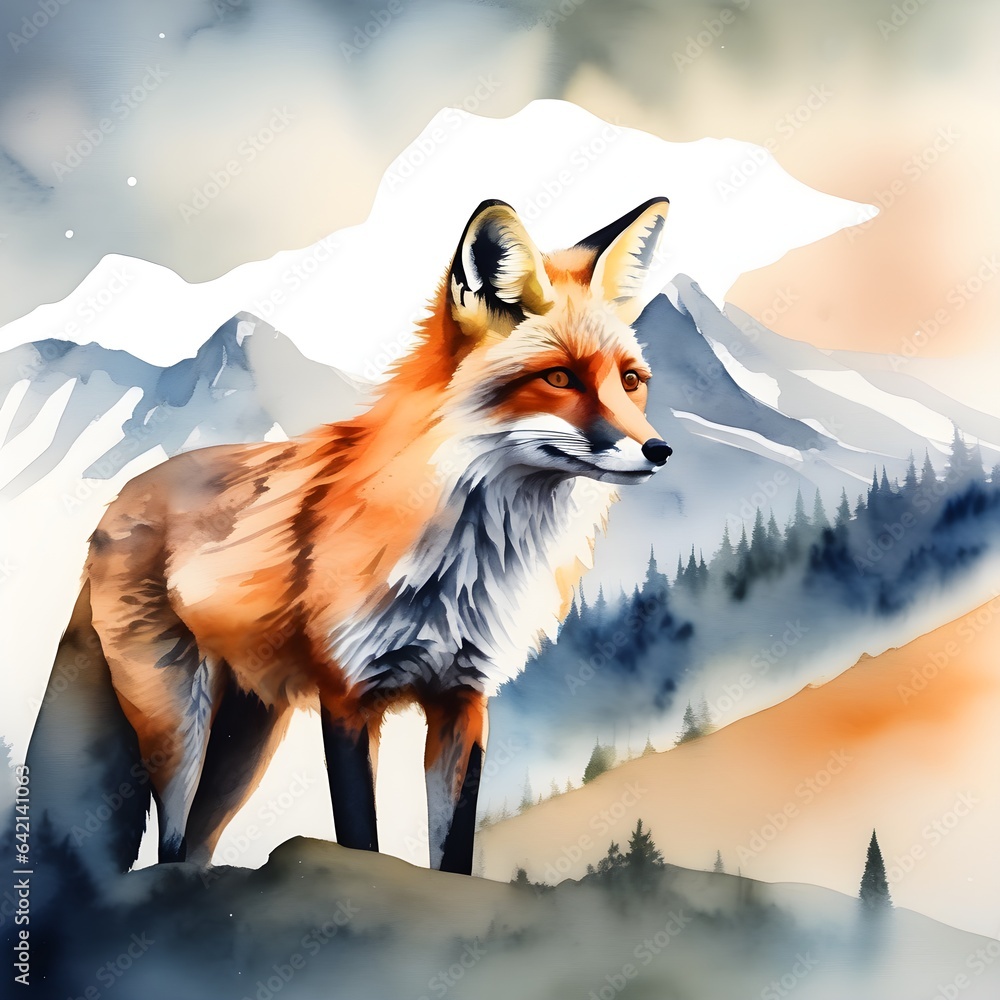 Fototapeta premium Double exposure of a fox and a mountain, natural scenery. Watercolor. Watercolor postcard of mountains and the fox.