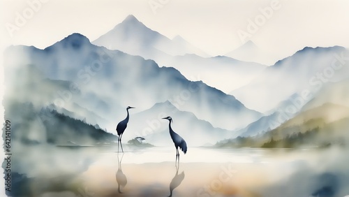 Double exposure of a bird and a mountain, natural scenery. Watercolor. Watercolor postcard of mountains and cranes.