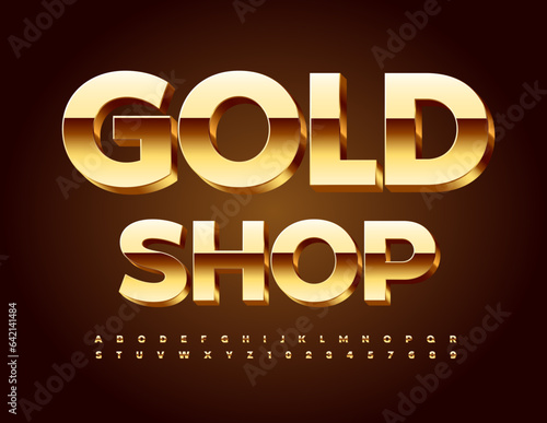 Vector advertising Banner Gold Shop. Chic 3D shiny Font. Luxury Alphabet Letters and Numbers