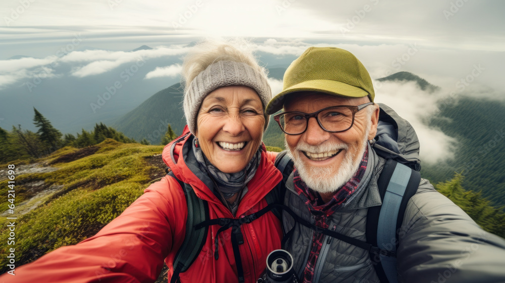 Active senior caucasian couple hiking in mountains with backpacks, enjoying their adventure doing selfie Active senior caucasian couple hiking in mountains with backpacks, enjoying their adventure doing selfie