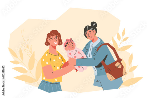 Parents need to take a leave of absence, finding babysitter, flat cartoon vector illustration isolated on white background. Hiring a babysitter during parent leave.