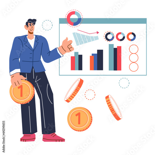 Business consulting, statistical analysis and analyzing data, formulating effective strategies concept. Businessman presenter holding speech on conference or planing business strategies.