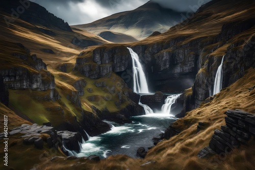 Dramatic and rugged highland landscape, with steep cliffs and cascading waterfalls - AI Generative