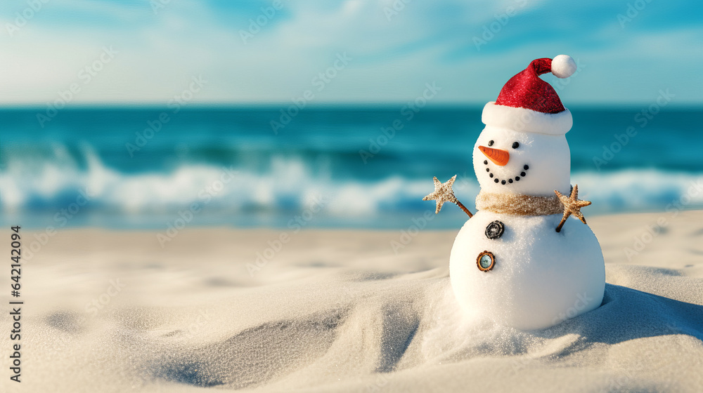 Snowman in a Santa Claus hat on a sandy white beach on the Caribbean Sea. Celebration of the New Year in warm countries. Travel. - obrazy, fototapety, plakaty 