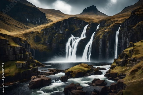 Dramatic and rugged highland landscape, with steep cliffs and cascading waterfalls - AI Generative