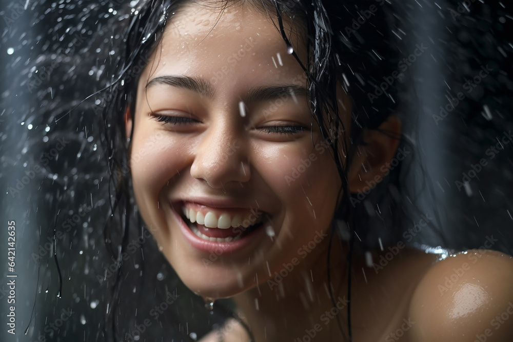 the radiant smile of a young girl, her teeth gleaming white, as she stands in the refreshing rain. The scene is imbued with a sense of freshness and moisture all around. Generative AI. the radiant smile of a young girl, her teeth gleaming white, as she stands in the refreshing rain. The scene is imbued with a sense of freshness and moisture all around. Generative AI.