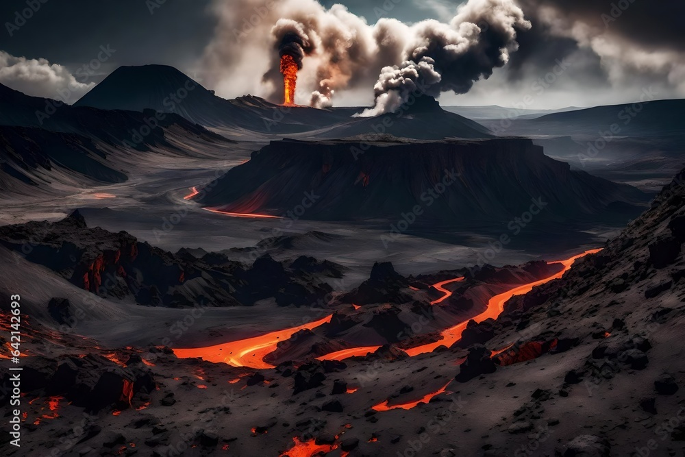 Dramatic and rugged volcanic landscape, with lava fields and smoking craters - AI Generative
