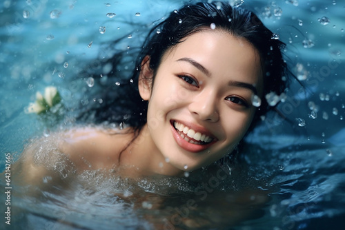 the radiant smile of a young girl  her teeth gleaming white  as she stands in the refreshing rain. The scene is imbued with a sense of freshness and moisture all around. Generative AI.