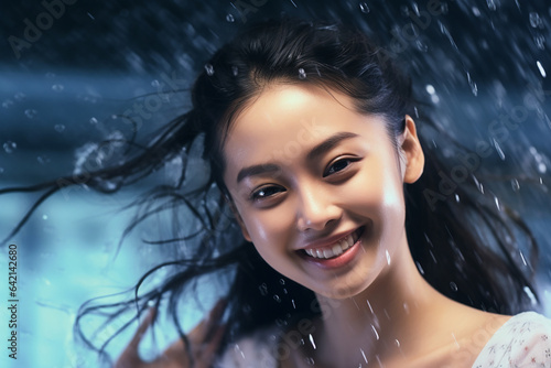 the radiant smile of a young girl, her teeth gleaming white, as she stands in the refreshing rain. The scene is imbued with a sense of freshness and moisture all around. Generative AI.