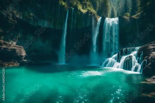 Magnificent and powerful waterfall plunging into a deep, turquoise pool - AI Generative