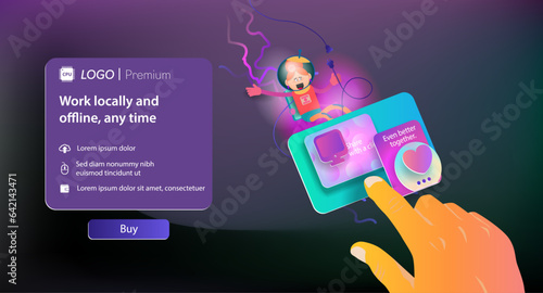 Cartoon girl in a space suit and web interface elements in space