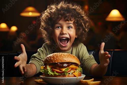 Happy little boy eating a hamburger. unhealthy fast food proper nutrition concept. child greedily with pleasure lifestyle bites a big burger at a fast food restaurant. kid eats fast food close-up
