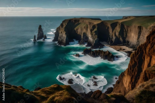 Majestic and awe-inspiring coastal cliffs, with crashing waves and sea stacks - AI Generative