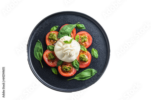 burrata Buffalo  cheese served with fresh tomatoes and basil leaves pesto sauce on black plate white background flatlay  space for text Isolated, transparent background