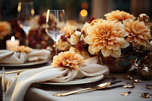 Thanksgiving day table setting at home . Autumn centerpieces with beige dahlias. Close up. Generative AI.