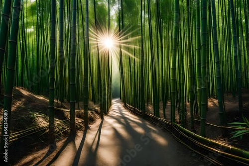 Pathway through a serene bamboo forest  with sunlight filtering through the leaves - AI Generative