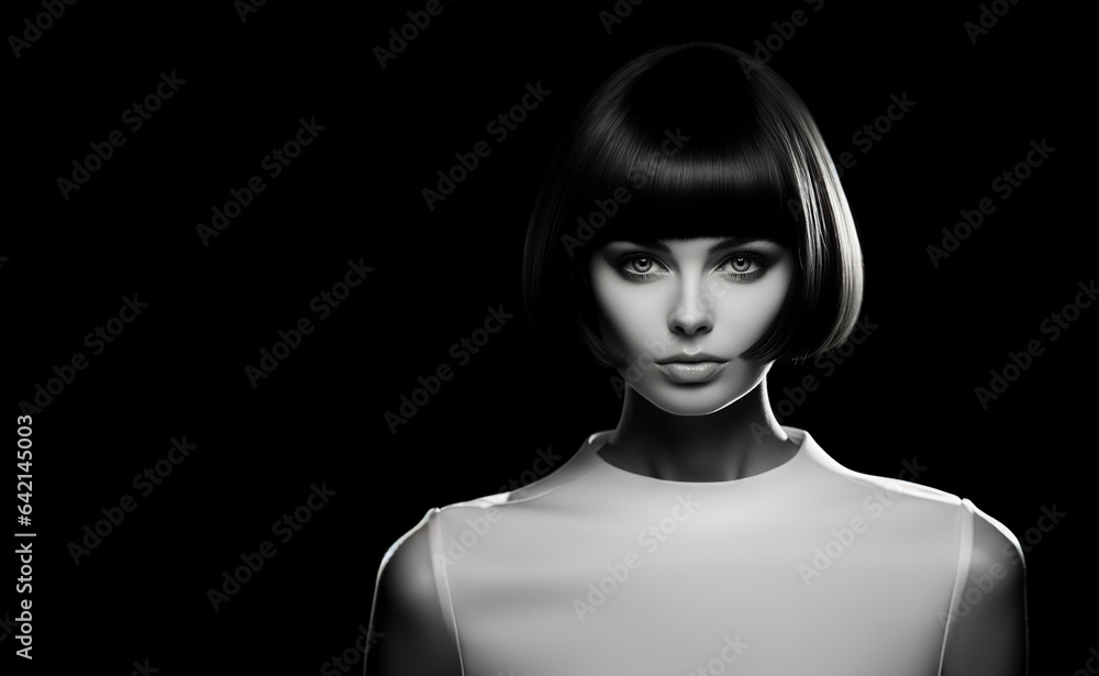 Woman from the 1960s showcasing Medium Bob Haircut. Brunette young woman. Beautiful young woman in retro style. Style and Fashion. Make-up and hairstyle.
