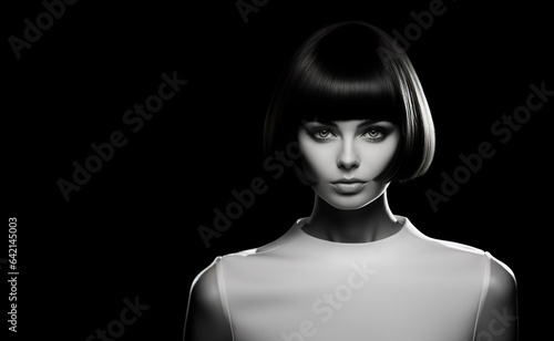 Obraz na płótnie Woman from the 1960s showcasing Medium Bob Haircut. Brunette young woman. Beautiful young woman in retro style. Style and Fashion. Make-up and hairstyle. w salonie