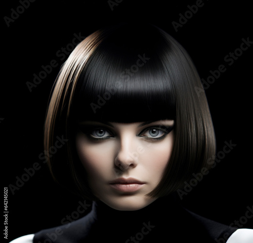 Obraz na płótnie Woman from the 1960s showcasing Medium Bob Haircut. Brunette young woman. Beautiful young woman in retro style. Style and Fashion. Make-up and hairstyle. w salonie