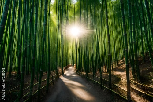 Pathway through a serene bamboo forest, with sunlight filtering through the leaves - AI Generative
