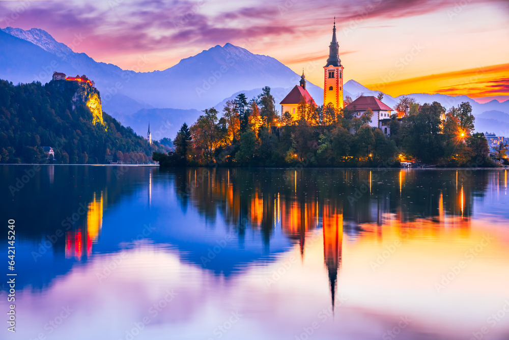 Bled, Slovenia - Sunrise with Julian Alps and Church Santa Maria, beautiful Europe. - obrazy, fototapety, plakaty 