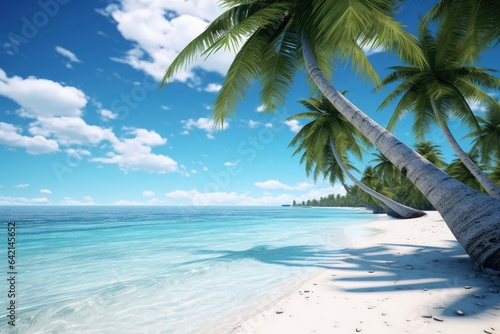Palm tree leaning over water Maldives. Beautiful beach at Maldives. Paradise beach of a tropical island, palm trees, white sand. Beach with coconut palm trees and clear lagoon on Fiji Islands
