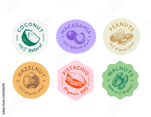 Hand drawn nut illustrations. Colourful stickers template set