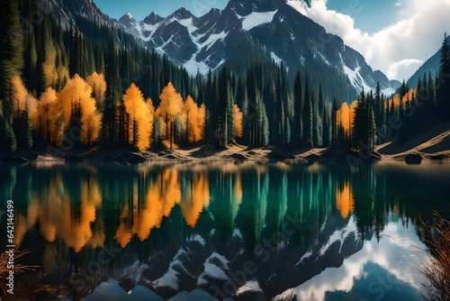 Peaceful and secluded mountain lake, reflecting the surrounding peaks and forests - AI Generative © Being Imaginative