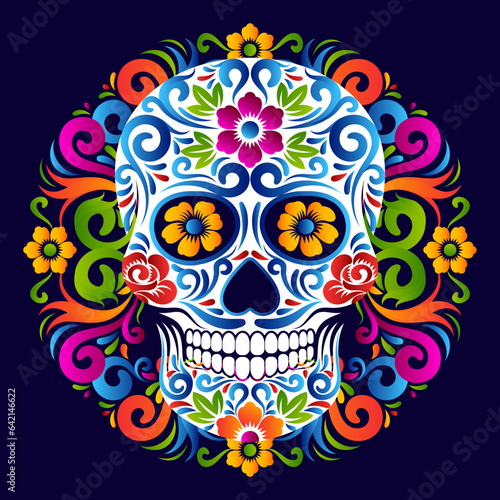 Day of the dead Skull with vibrant color mexican Ornament design