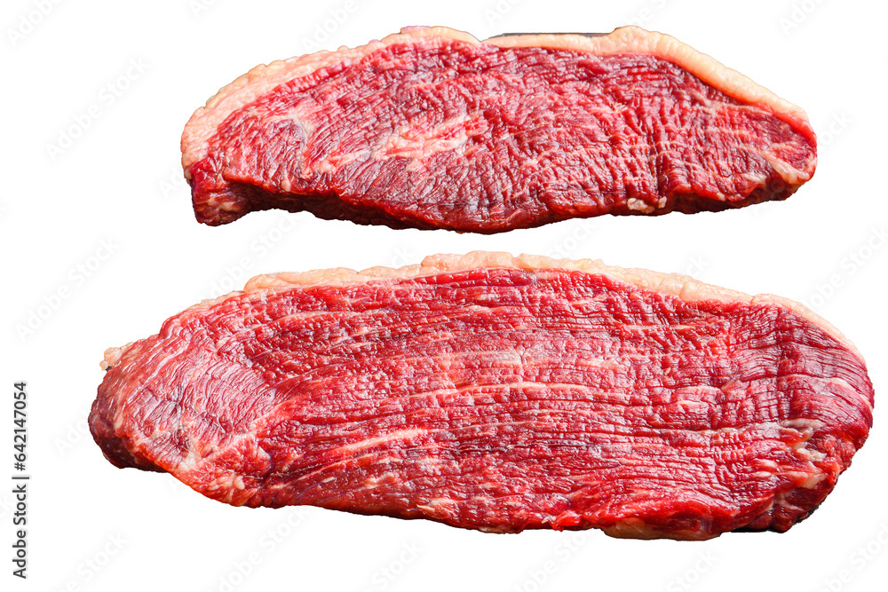 Organic picanha beef meat steaks, over dark old wooden background,  side view. Isolated, transparent background