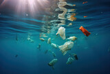Underwater view of plastic floating in the water.