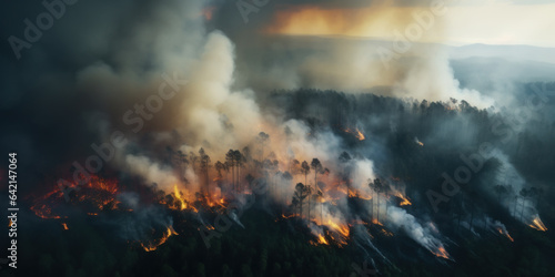 Forest fire top view. Tongues of flame rage among the trees, raising clouds of smoke. © NikonLamp