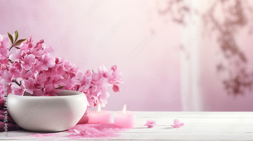 Beautiful spa salon pink composition in wellness center. Spa still life with aromatic candles, sakura flowers, sea ​​salt and towel. Beauty spa treatment and relax. Relaxing pink background.
