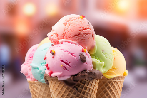 colse up colorful ice cream on blurred background photo