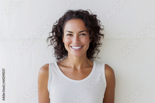 Fotografia, Obraz Smiling 40 year old brunette woman in white t-shirt standing in front of a white wall