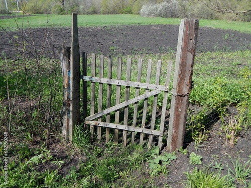 Wooden picket fence. Village gate in the fence.