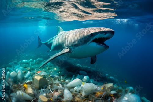 Big shark swimming among plastic garbage on the ocean-bed © graja