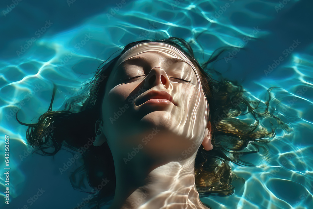 High angle view of woman relaxing in the swimming pool under clear blue water with closed eyes. Female face out of water, summer vacation concept. 