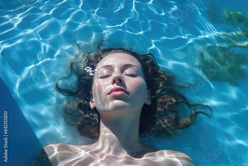 High angle view of woman relaxing in the swimming pool under clear blue water with closed eyes. Female face out of water, summer vacation concept. 