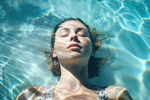 High angle view of woman relaxing in the swimming pool under clear blue water with closed eyes. Female face out of water, summer vacation concept.  © IndigoElf