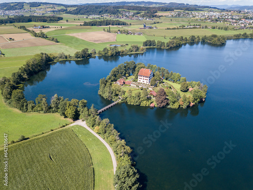 Aerial view of the Mauern Lake with an old, little castle on the small island © Yü Lan