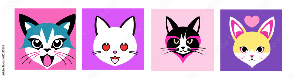 Set different colored cats with hearts on their eyes and ears, kawaii, vector art, pop surrealism. Cartoon avatar. Set different colored cats with hearts on their eyes and ears, kawaii, vector art, pop surrealism. Cartoon avatar.