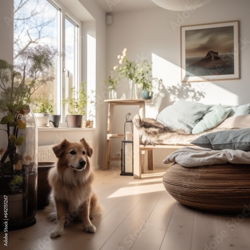 Nordic stylish scandinavian living room interior of modern apartment with sofa, design coffee table, furnitures, plants, paint and elegant accessories. Beautiful dog lying on the couch. Home decor. 
