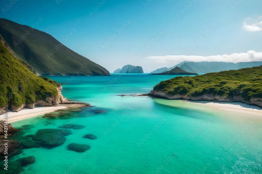 Serene and idyllic coastal lagoon, with calm turquoise waters and a sandy beach - AI Generative